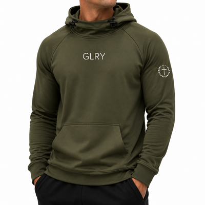Olive high-neck hoodie with hood, kangaroo pocket, GLRY chest logo