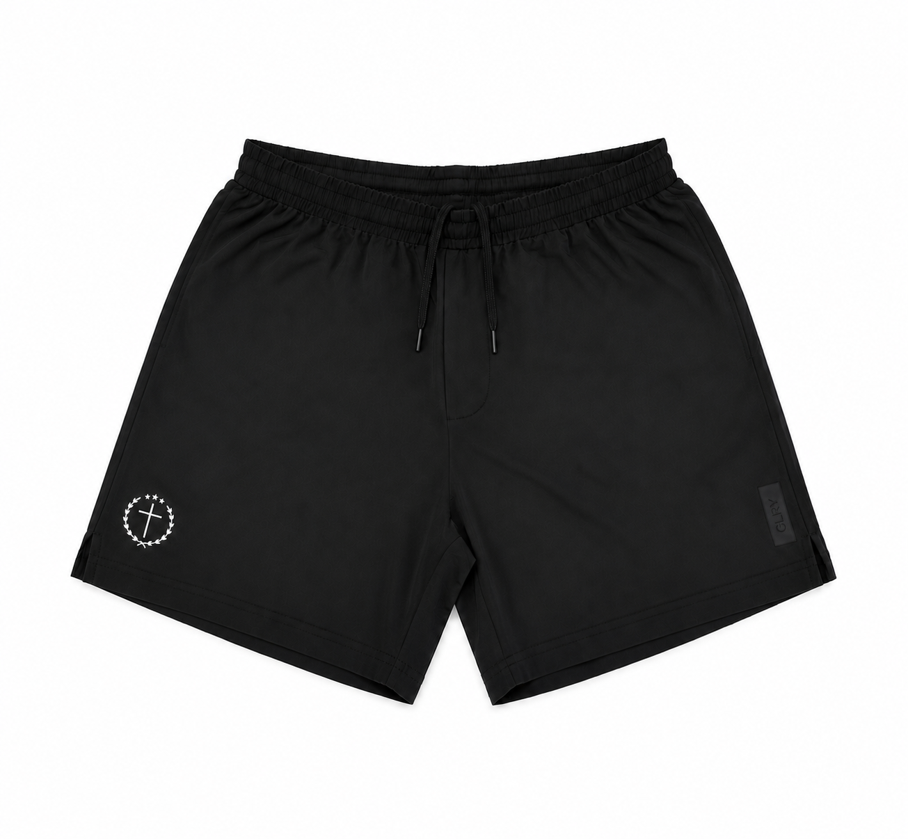 Black 7-inch shorts with elastic waistband and drawstring, circular left logo, side pocket