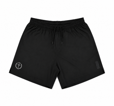 Black 7-inch shorts with elastic waistband and drawstring, circular left logo, side pocket