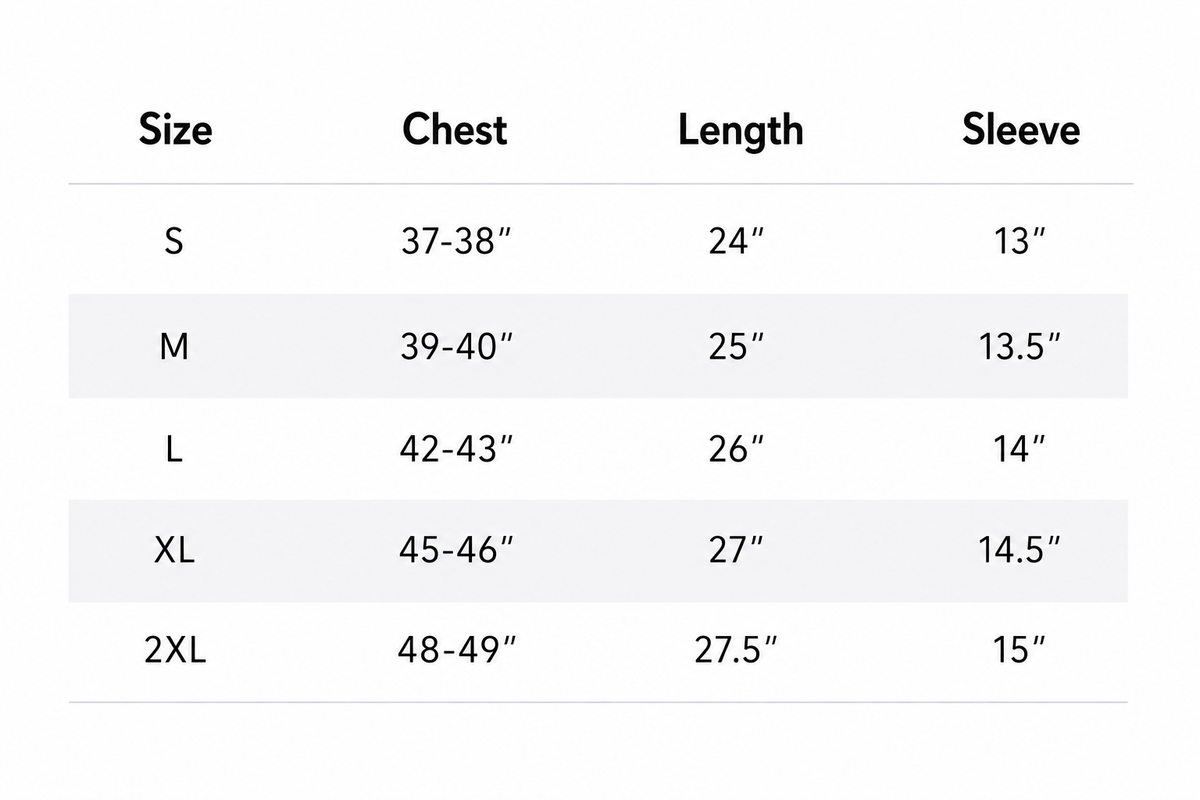 Size chart for shirts with chest, length, and sleeve measurements.