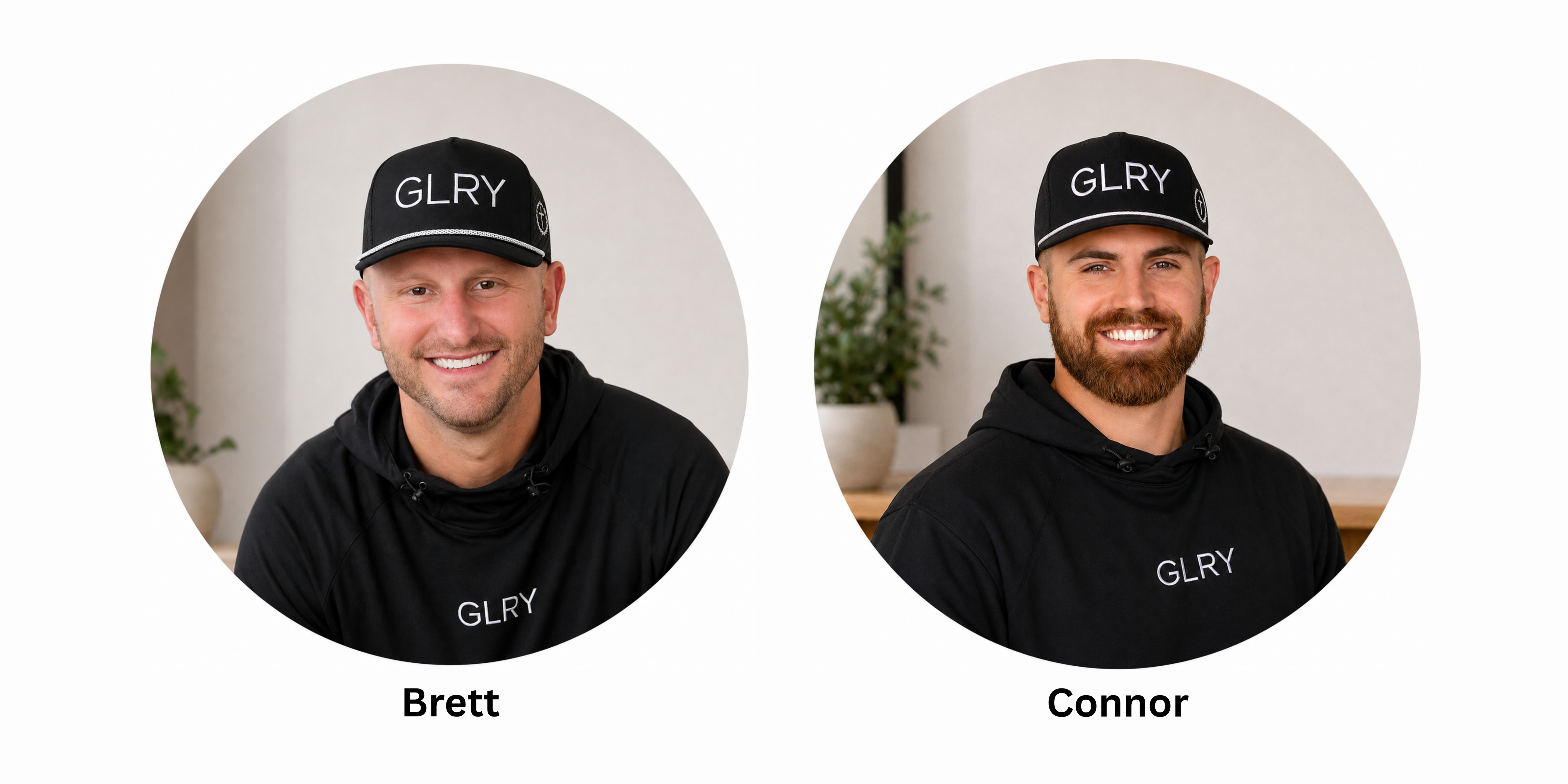 Two circular profile pictures of a man wearing a GLRY cap and hoodie with names below.