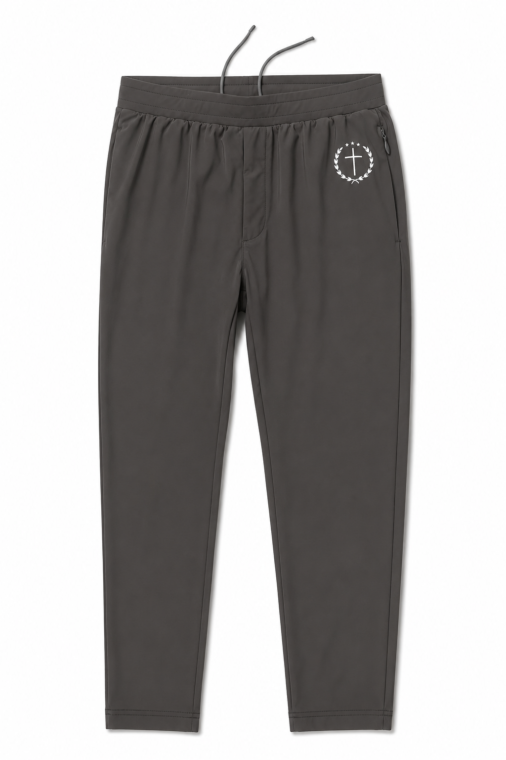 Gray joggers with elastic waist and drawstring, straight legs, small logo on thigh