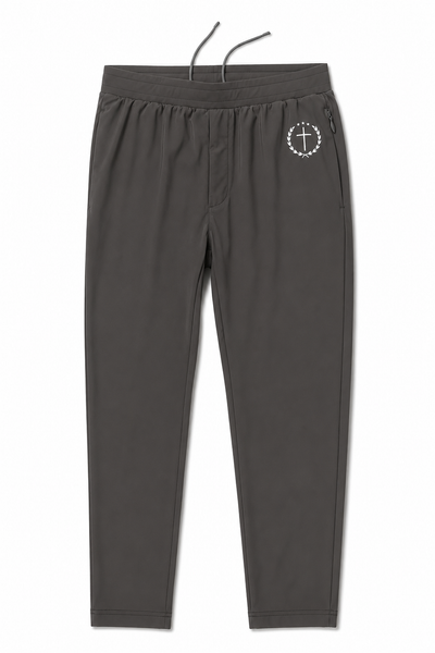 Gray joggers with elastic waist and drawstring, straight legs, small logo on thigh